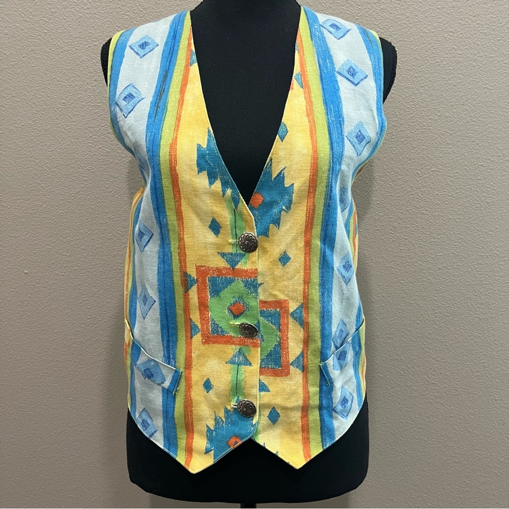 Vtg Rhonda Stark Cropped Southwestern Vest Aztec Colorful Medium Cowgirl USA
